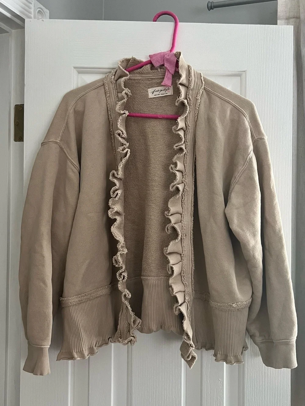 Free People Beige Ruffle-Trim Teddy Jacket